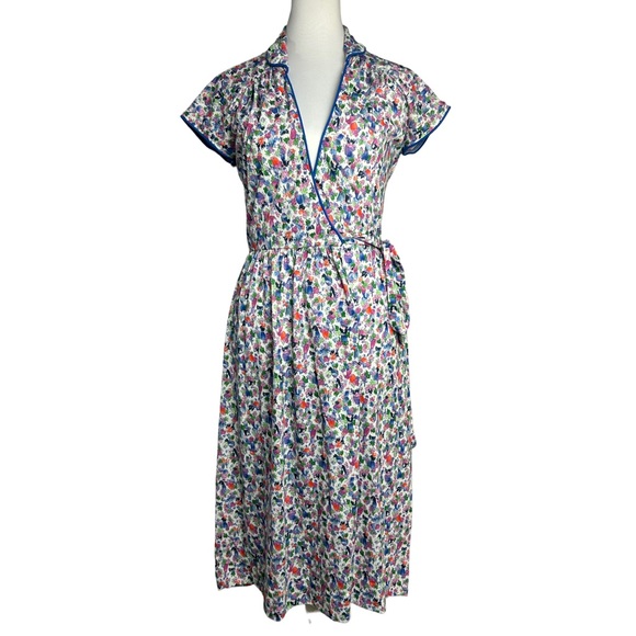 Vintage 60s Lanz  Original Wrap Dress Blue Red Floral Cap Sleeve Knit Midi XS - Picture 3 of 7
